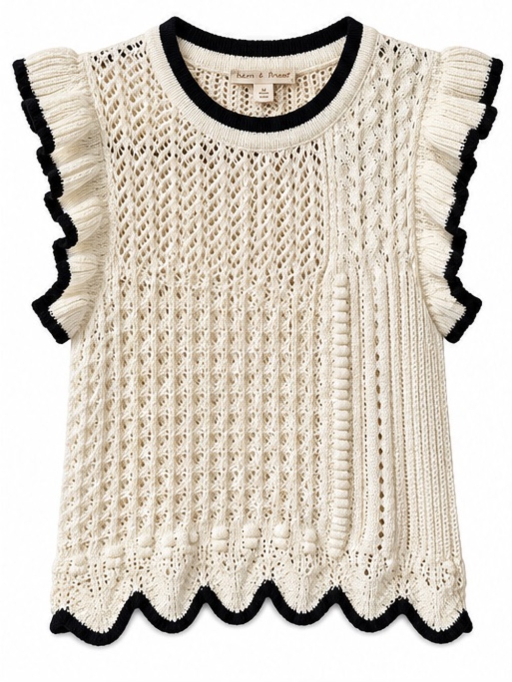NWT Hem & Thread Women's Knit Ruffle Sleeve Top Shirt Cream Black size M
